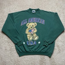 Vintage Teddy Bear Crewneck Sweatshirt Green All American Made In USA Size XL