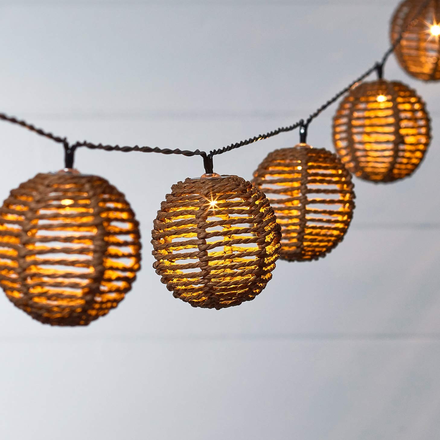 Guirlande Lumineuse Solaire 10 Boules Rotin Blanc Chaud de 4m50 pour Jardin