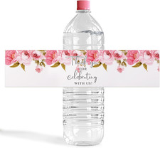 Wedding Water Bottle Labels Thank You, 50 Pcs Pink Rose Flower Wraps Floral