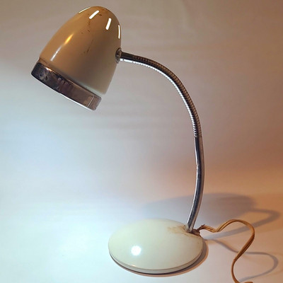 Atomic Age MCM Gooseneck Desk Lamp White Chrome Bullet Shade 18'' Retro Working
