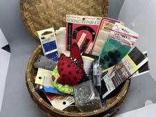 Vintage Round Wicker Sewing Basket With Pictured Contents.