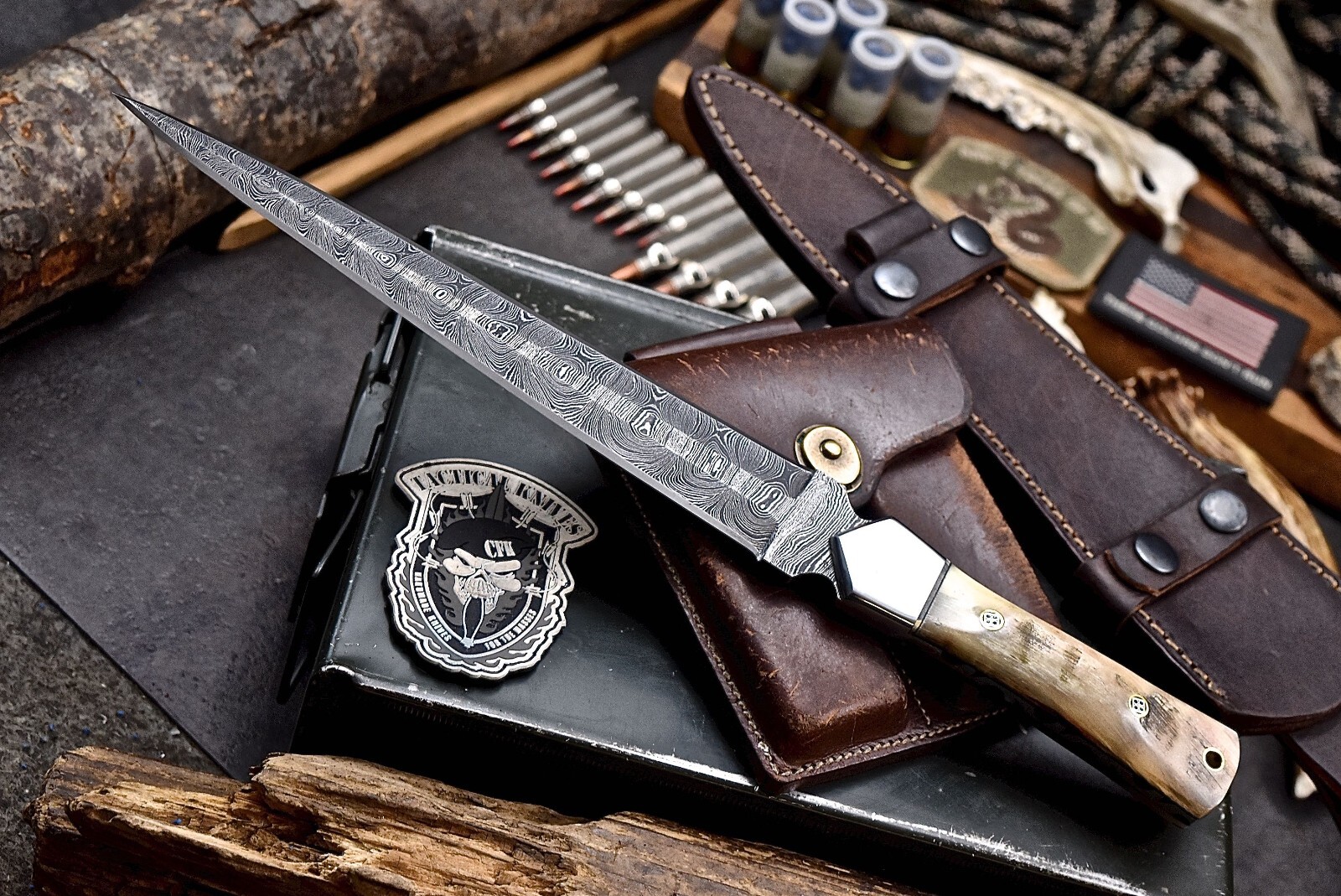 CFK Handmade Damascus Custom SHEEP HORN Toothpick Dagger Hunting Hog