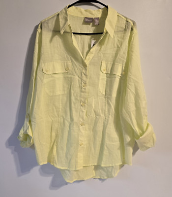 Chico's Button Up Blouse Roll Tab Sleeve Light Weight Bright Lime Size 3