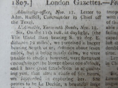 YARMOUTH ROADS erobern französische Schiffe etc X1 abstrakte Seite (1807