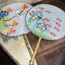 Lot 2 Vintage Hand Painted EXOTIC BIRD Silk Asian Bamboo Handled Fans Art