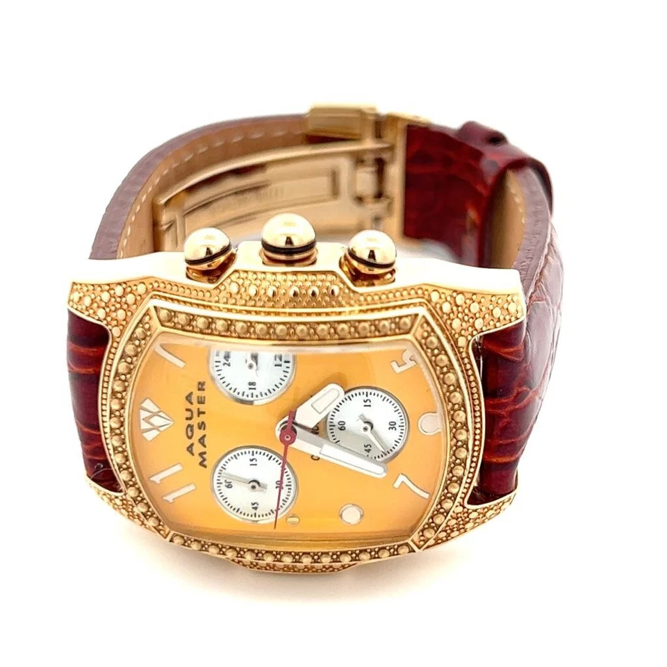 Relógio feminino Aqua Master mostrador amarelo pulseira de couro borgonha #W20_2 - Imagem 2 de 4