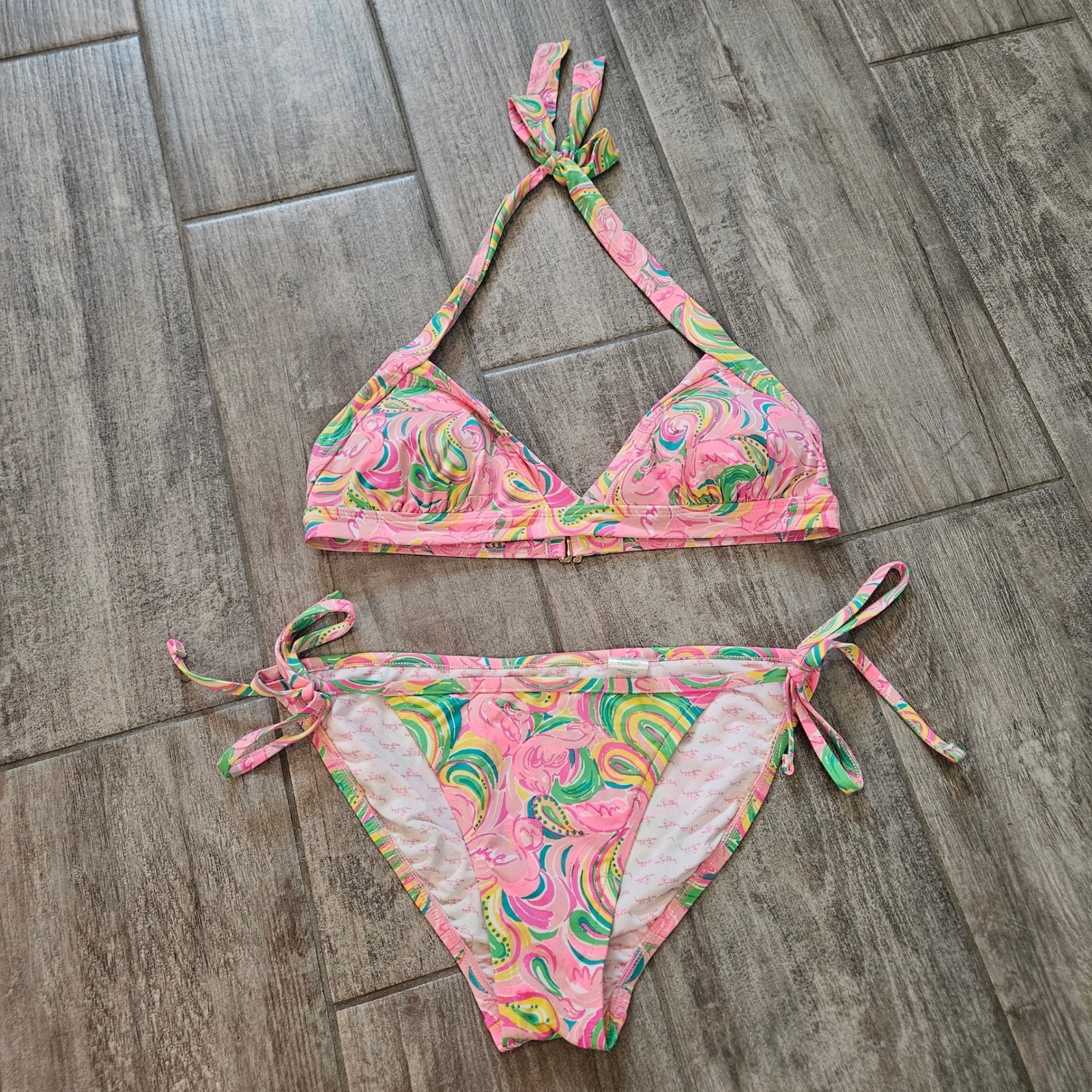 Lilly Pulitzer Bikini Set Size M Top S Bottom Pink Green Paisley Halter Tie