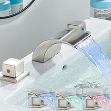 LED Waterfall Bathroom Faucet 3 Hole Widespread Sink Vanity Mixer Brushed Nickel