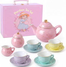 Childrens Porcelain Tea Party Set 13 Pieces Pastel Gold Polka Dot Pretend Play