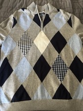Club Room Men s Cotton Sweater Quarter Zip Size Medium Navy Gray White Argyle