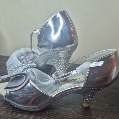 AIDA Women Silver Ballroom Dance Shoes with Rhinestones Bow Decoration