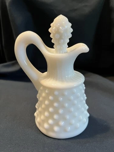 Vintage 4.5” Hobnail Milk Glass Mini Pitcher With Stopper