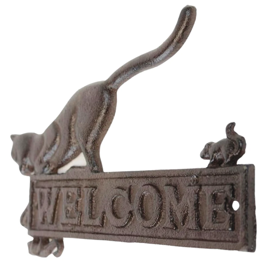 Letrero de bienvenida rústico de hierro fundido con gato y ratones - Placa de pared de granja Foto 2 de 4