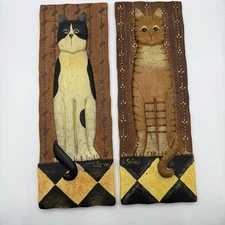 L. Spivey Set Of 2 Folk Art Wall Raised Cat Plaques Country Cottagecore Vintage
