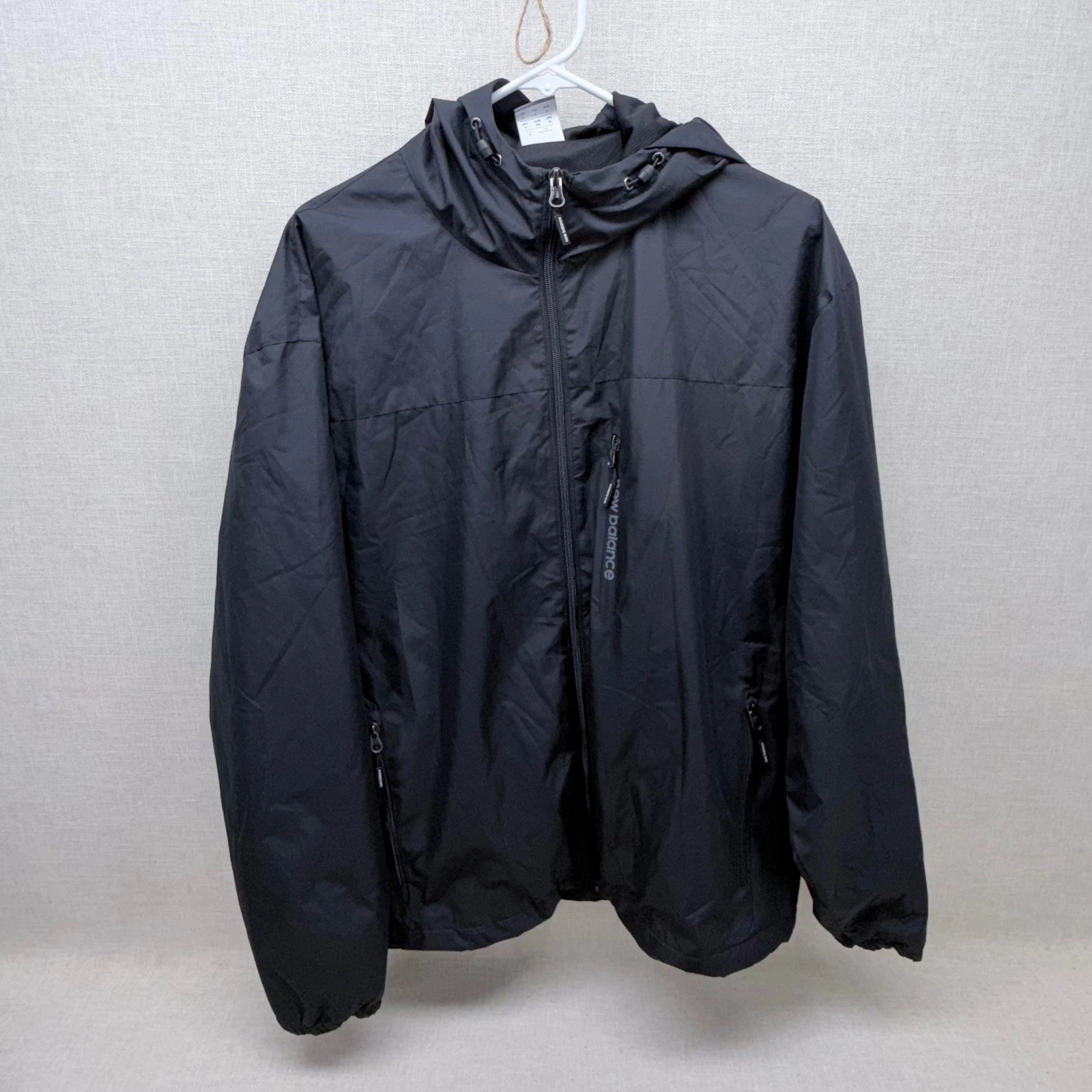 New Balance Mens Large Black Hooded Windbreaker Full Zip Mesh Lined Jacket