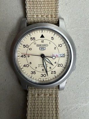 Seiko 5 SNK803 Automatic Field Watch 37mm Cream Dial 7S26-02J0 Beige Strap