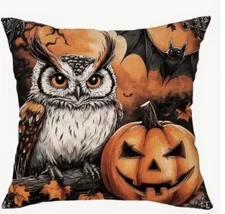 Vintage OWL BATS Spooky Fun Halloween Throw Pillow Cover Holiday Home Decor 18”