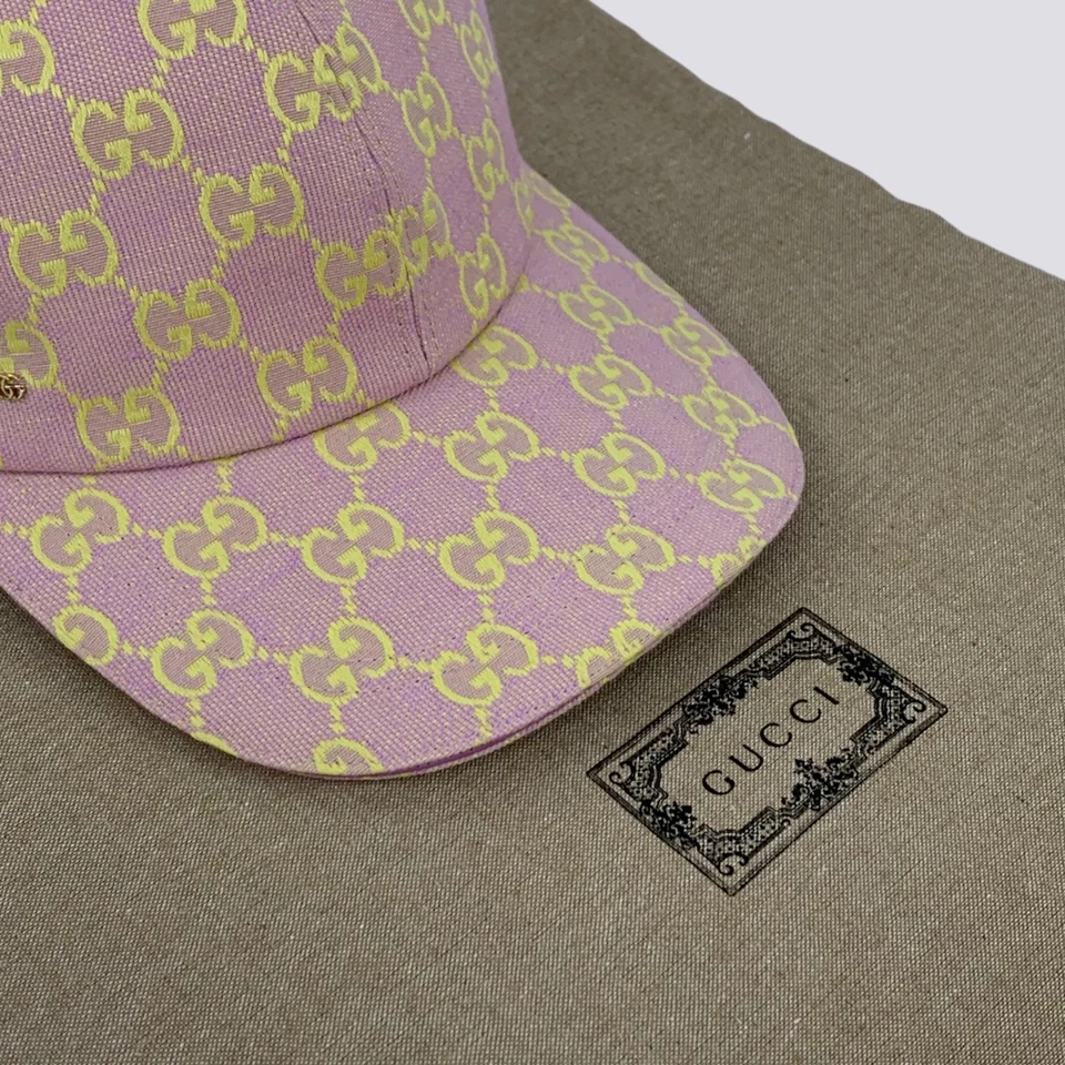 Boné de beisebol Gucci GG monograma lona algodão cabeça chapéu lilás e amarelo tamanho M - Imagem 2 de 4