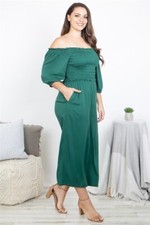 Womens Plus Size Green Jumpsuit 1XL Smocked Puff Sleeve Pockets