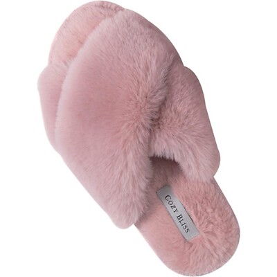 Faux Fur Cross Band Memory Foam Open Toe Fuzzy Fluffy House Slippers Pink  5-6