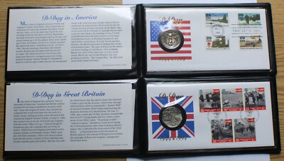 D-Day in America 50C + D-Day in Great Britain 50P FDC Stamps, Two Fleetwood Sets