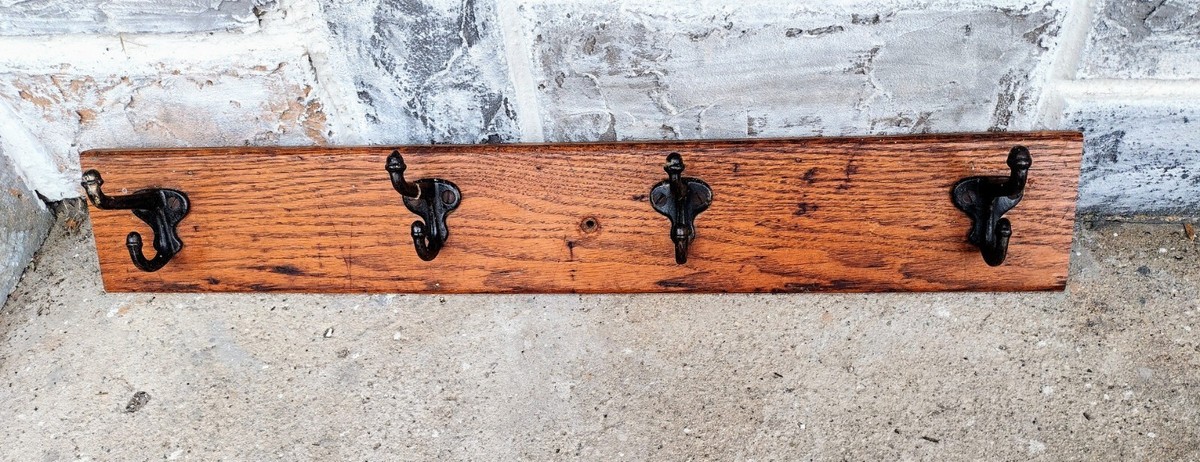 Antique Oak & Cast Iron Acorn Hall Wall Coat Hook Hat Rack | eBay