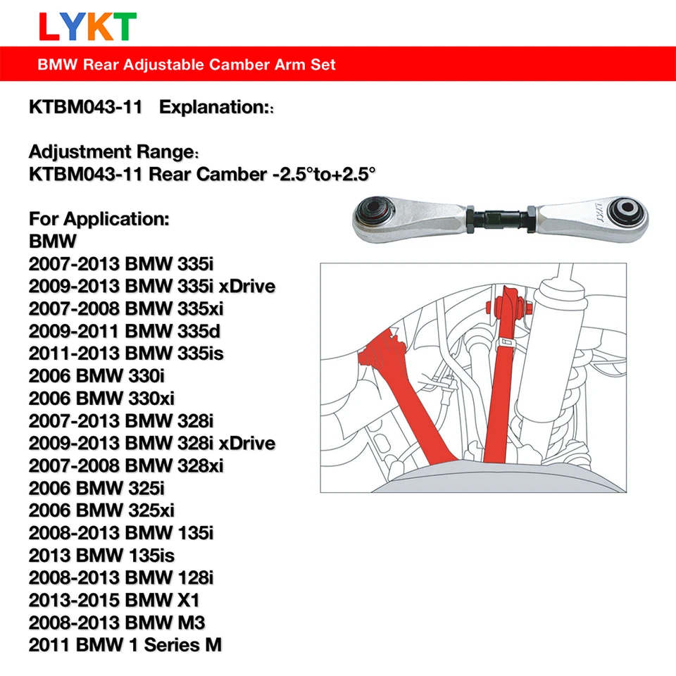 LYKT 2pcs Rear Adjustable Camber Arms for BMW335/330/328/325/135/128/M3/X1 13-15 Foto 2 de 4