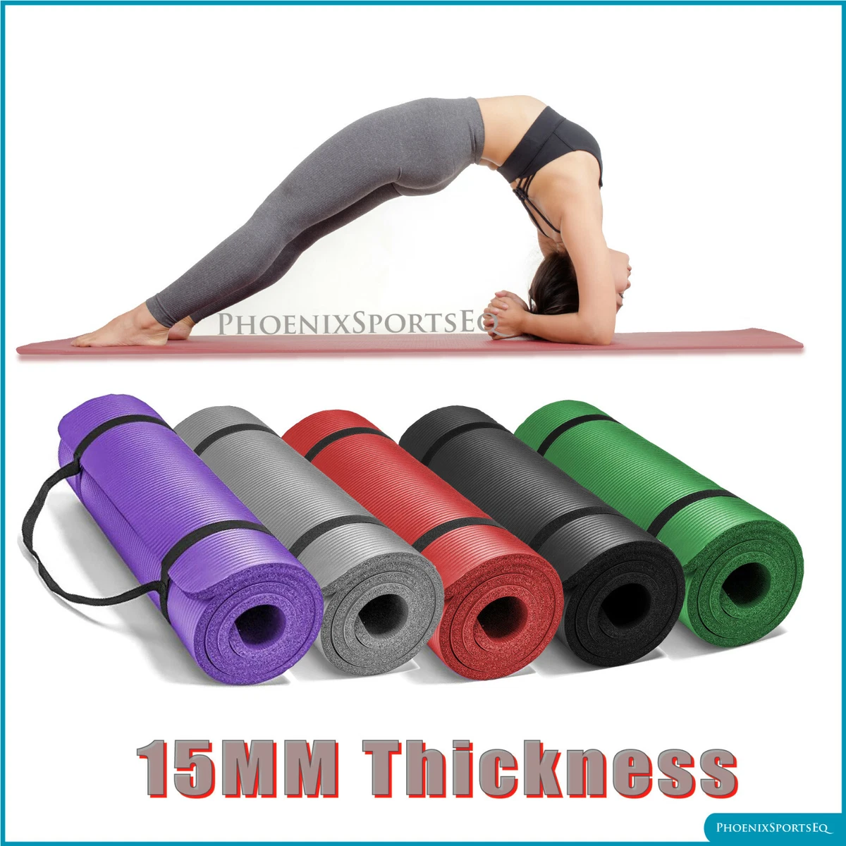 Yoga Mat NBR for Pilates Gym 15mm/12mm Thick Large Comfortable + 2 Carry  Straps