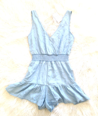 Love Tree Sleeveless 100% Tencel Romper Womens M Light Blue Tie & Elastic