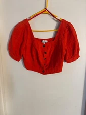 Women "Love, Whit" orange, 5 button up croopped short ;sleeve top. Size Sm.