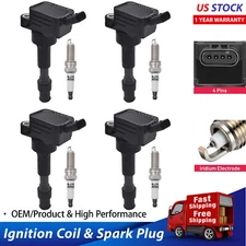 4PCS UF816 Ignition Coil & Spark Plugs Pack For Hyundai Elantra Sonata Kia Soul