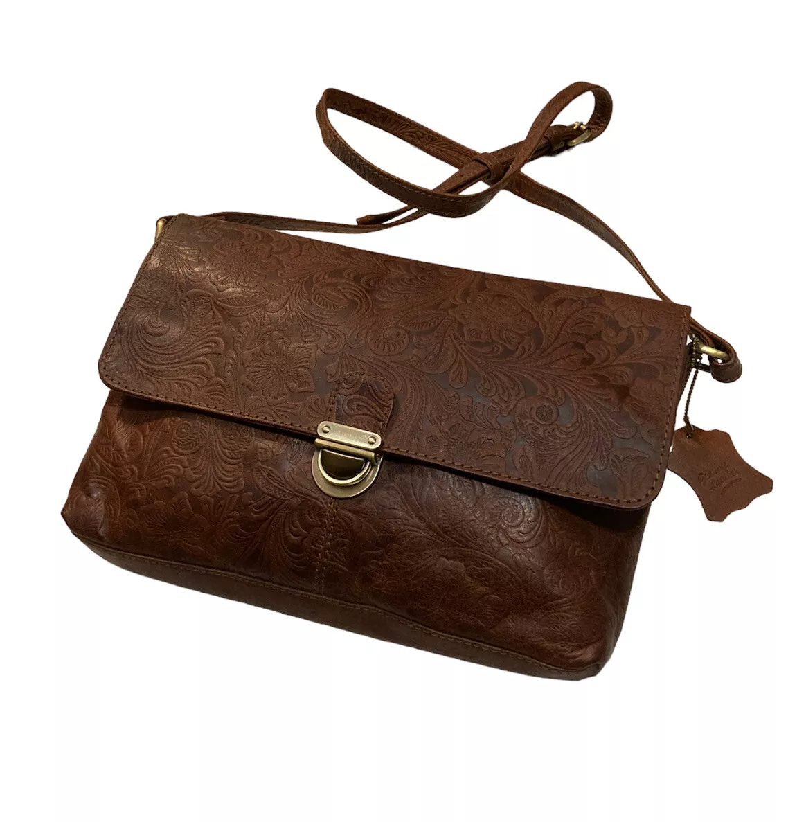 Sorpresa Brown Floral Tooled Genuine Leather Crossbody Purse