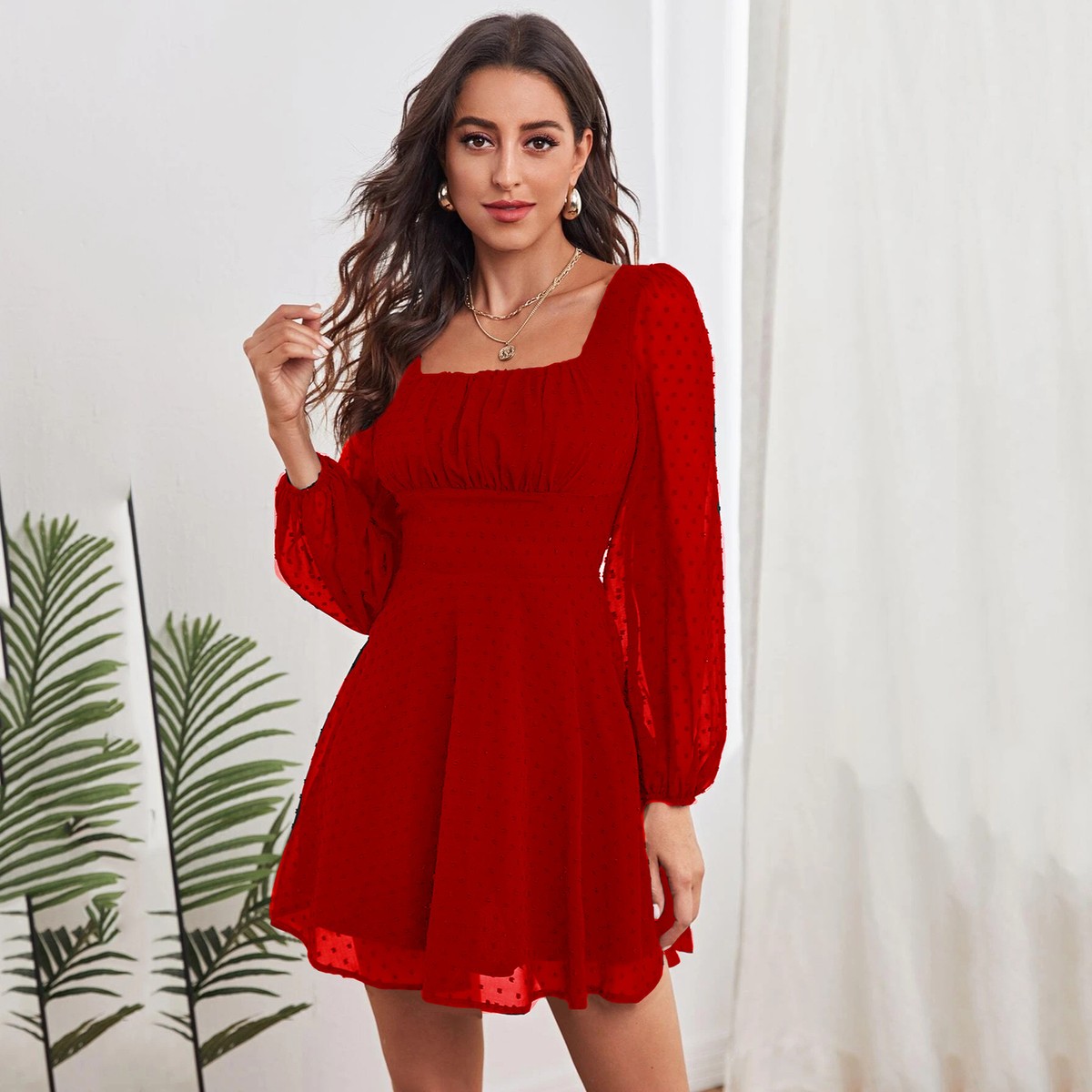 Elegant Formal Short Red Dress Womens Chiffon Long Sleeve Mini Dress Ladies  High Waist Dressses Holiday Party