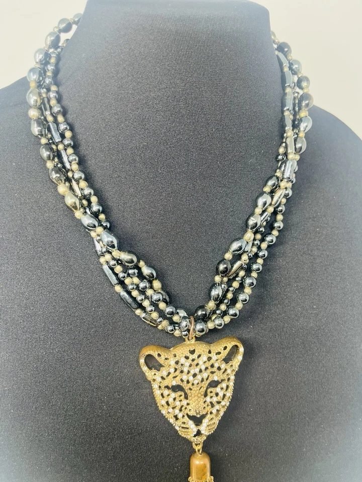 Винтажный золотой Puma леопард Lucite подвеска гематит мульти бусы заявление ожерелье - Изображение 3 из 4