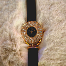 Ungaro Ladies Quartz Analogue Watch Gold Tone Crystal Bezel Black Leather Boxed