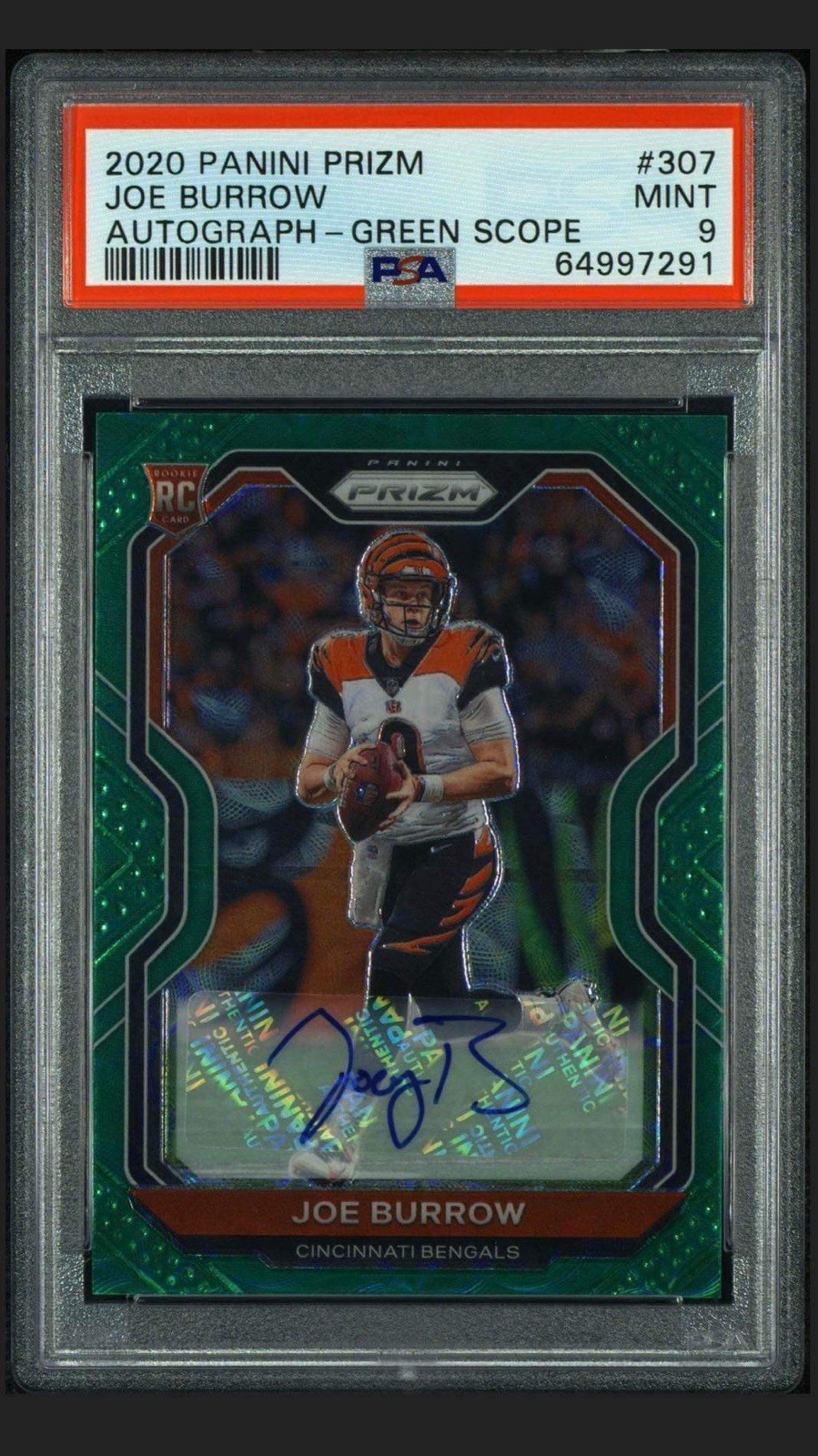 2020 Panini Green Scope Prizm #307 Joe Burrow Bengals RC Rookie AUTO 47/75 PSA 9