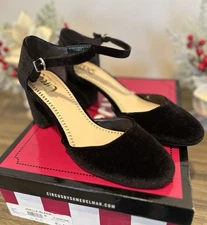 Sam Edelman Circus Joelle Black Velvet Ankle Strap Block Heel Pumps Size 8.5