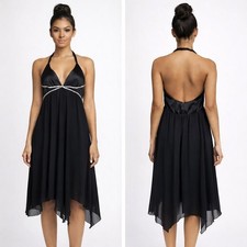 ABS Vintage Y2K Black Halter Backless Dress Size 10 shark bite hem rhinestones