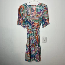 Molly Bracken Dress Womens Large Multicolor Boho Paisley Floral Belted Viscose