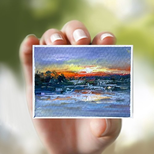 ACEO Original Oil Painting Sunset#42 Landscape Art Cards Impasto 3.5x2.5 Signed