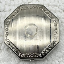 Vintage Metal Compact with Mirror Etched Silver Tone Empty READ