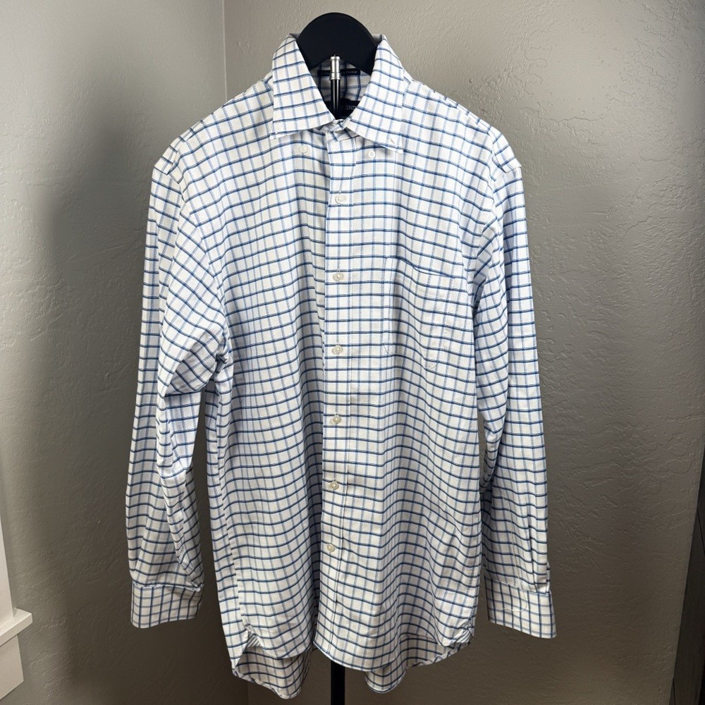 Lands’ End Supima No Iron Oxford Blue Windowpane Shirt 15.5 34 Traditional Fit