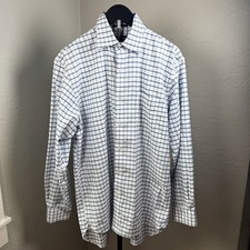 Lands  End Supima No Iron Oxford Blue Windowpane Shirt 15.5 34 Traditional Fit