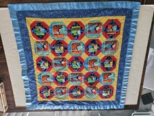 Thomas The Train Homemade Quilt Blanket Blue And Green With Satin Edges 39"x39"