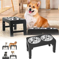 Elevated Dog Bowl Pet Feeder Stainless Steel Raised Food Water Stand w/ 2 Bowls