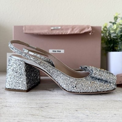 New Miu Miu Silver Glitter Heeled Women's Shoes size 36.5, US 6.5