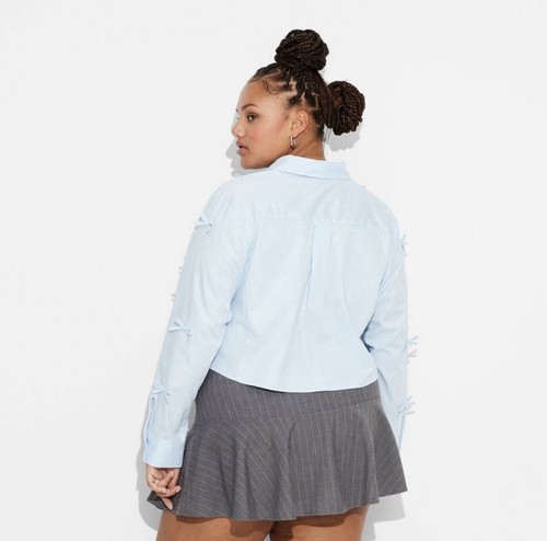 Women’s Long Sleeve Cropped Bow Button Down Shirt Light Blue 1X - Picture 3 of 8