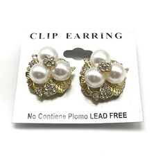 Gold Tone Clear Rhinestone Faux Pearl Fashion Clip On Earrings