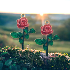 10 Dark Pink Rose Flower Charms Gold Green Leaf Enamel 29mm Bead Drop Pendants