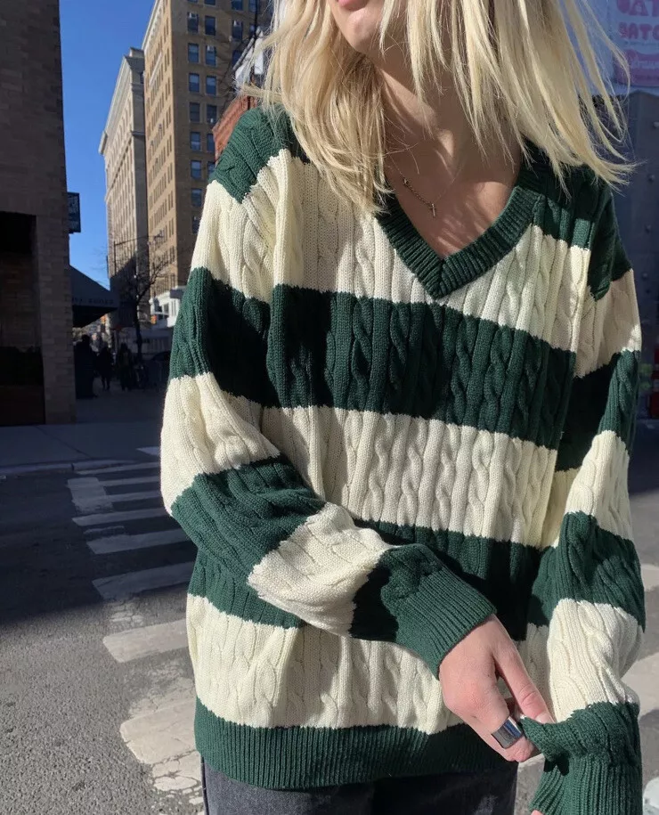 Brandy Melville Green and White Nikki Cotton Stripe Cable Knit